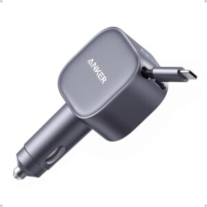 Anker USB-C Car Charger, 75W Max Ultra-Compact Type-C Fast Car Charger with Built-in USB-C Retractable Cable