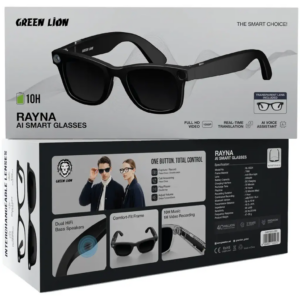 Rayna AI Smart Glasses with ChatGPT-Powered Translation, Noise-Reduction Microphone, AI Voice Assistant, Transparent Lens, Blue Light Filter, 10 Hours Playtime, 1080 pixels Full HD Stabilized Video, Lightweight & Comfortable Frame - Black