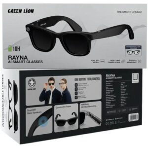 Rayna AI Smart Glasses with ChatGPT-Powered Translation, Noise-Reduction Microphone, AI Voice Assistant, Transparent Lens, Blue Light Filter, 10 Hours Playtime, 1080 pixels Full HD Stabilized Video, Lightweight & Comfortable Frame - Black