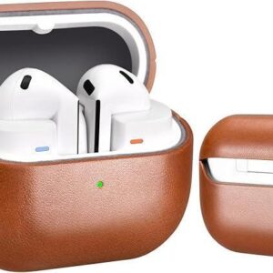 Galaxy Buds 3/ Buds 3 Pro, Genuine Leather Case and Led Light Visible Buds 3/3 FE/3 Pro 2025(Brown)